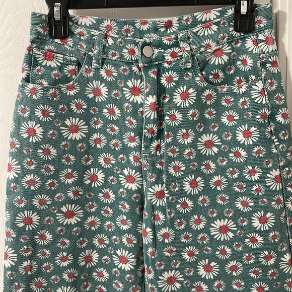 Cider Teal Green Floral Straight Leg Denim Jeans Size Small - Picture 2 of 6